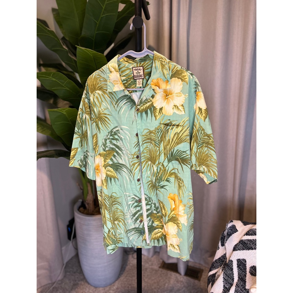 Tommy Bahama Mens Silk Hibiscus Palm Leaf Tropical Camp Shirt Green Yellow Med